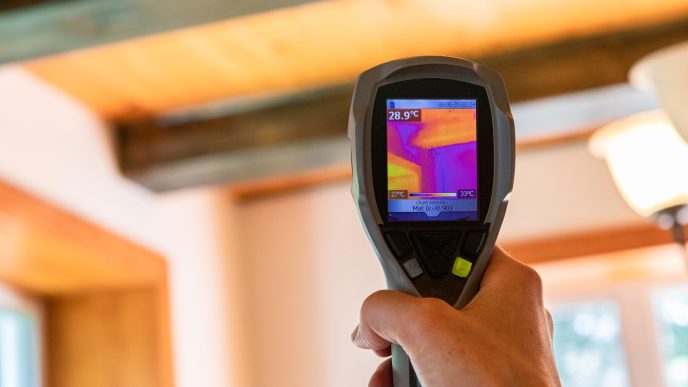 A thermal imaging camera help up in a building - showing the cold and hot spots in the home