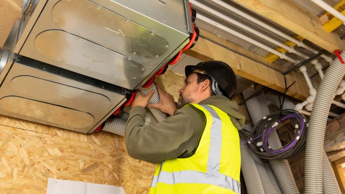 man in hi-viz vest and hard hat fits pipework to a large ventilation unit in the ceiling.