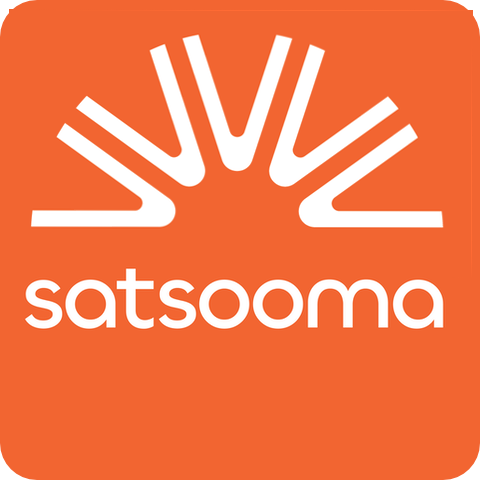 Satsooma logo. Orange background, white text saying satsooma and semi circle of 5 white v's