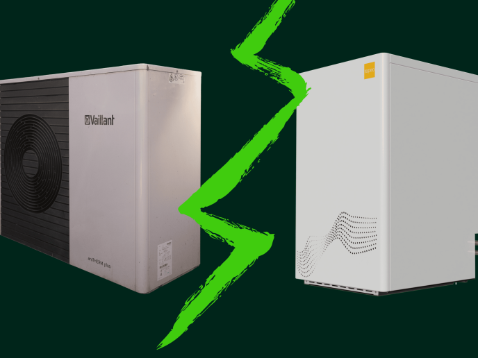 Vaillant heat pump on left, zero emissions boiler on right. Green lighting bolt down the middle.